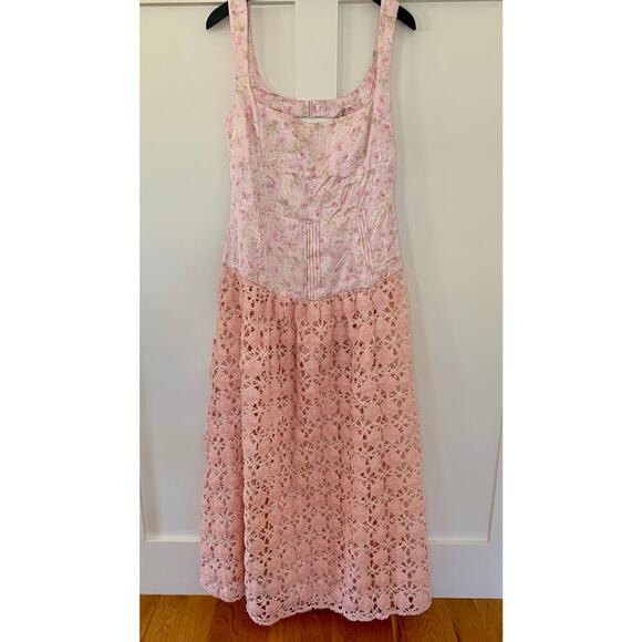 For Love & Lemons Pink Floral Maxi Dress Size XL Sleeveless Pleated Open Back - Picture 3 of 7